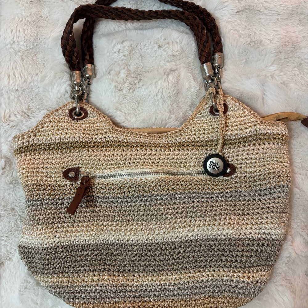 The Sak Indio Crochet Tan and Brown Shoulder Bag